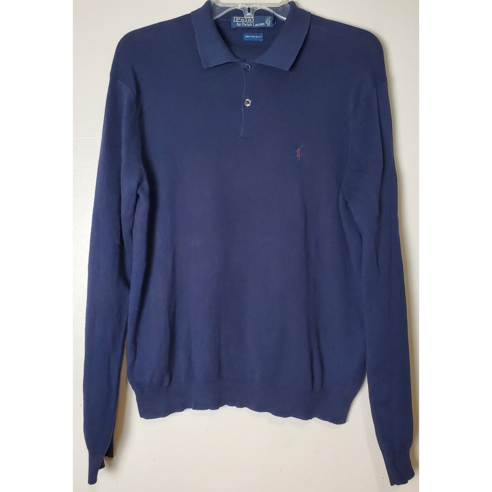 Vintage Polo Ralph Lauren Pima Cotton Italian Yarn Mens Medium Navy Blue Sweater